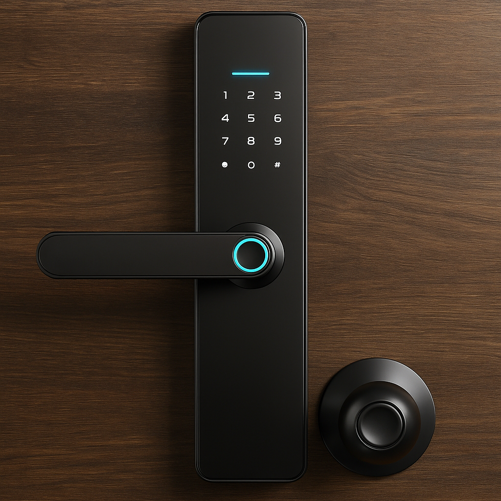 Digital door lock on a wooden door with a modern design.