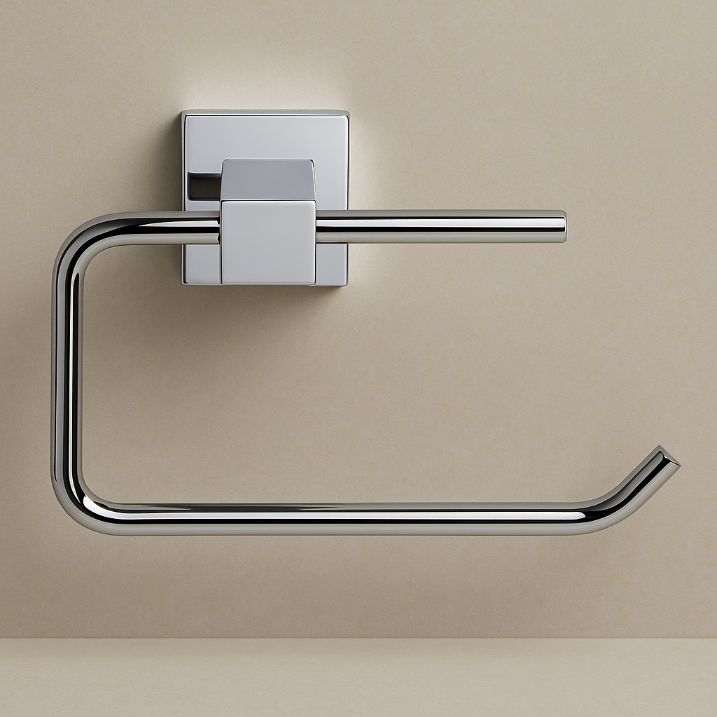 Chrome toilet paper holder on a beige wall
