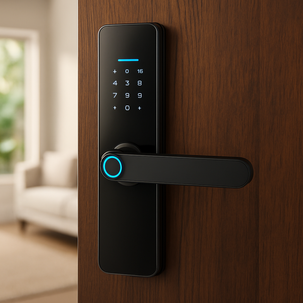 Digital door handle with keypad on a wooden door