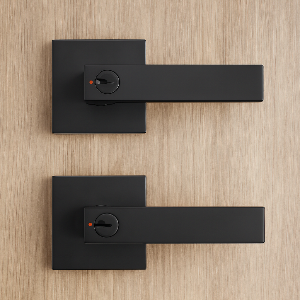 Black door handles on a wooden door