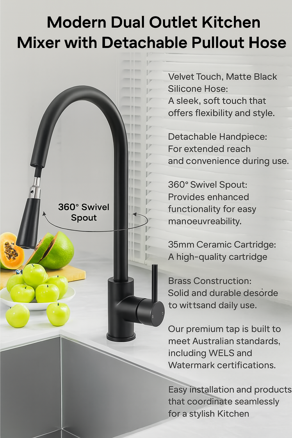 Modern Dual Outlet Kitchen Mixer with Detachable Pullout Hose with 360 degree swivel spout