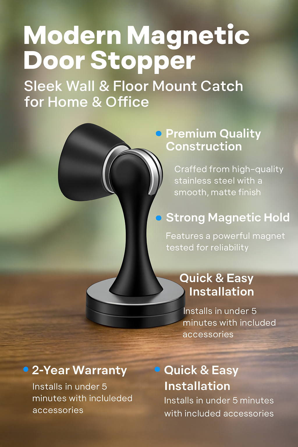 Modern magnetic door stopper with features listed on a blurred background