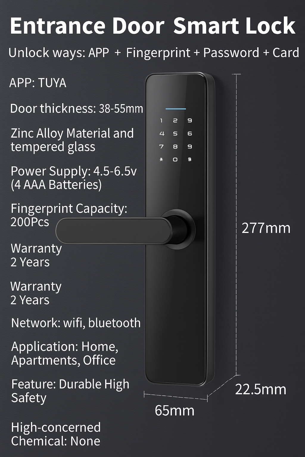 Entrance door smart lock with features and specifications