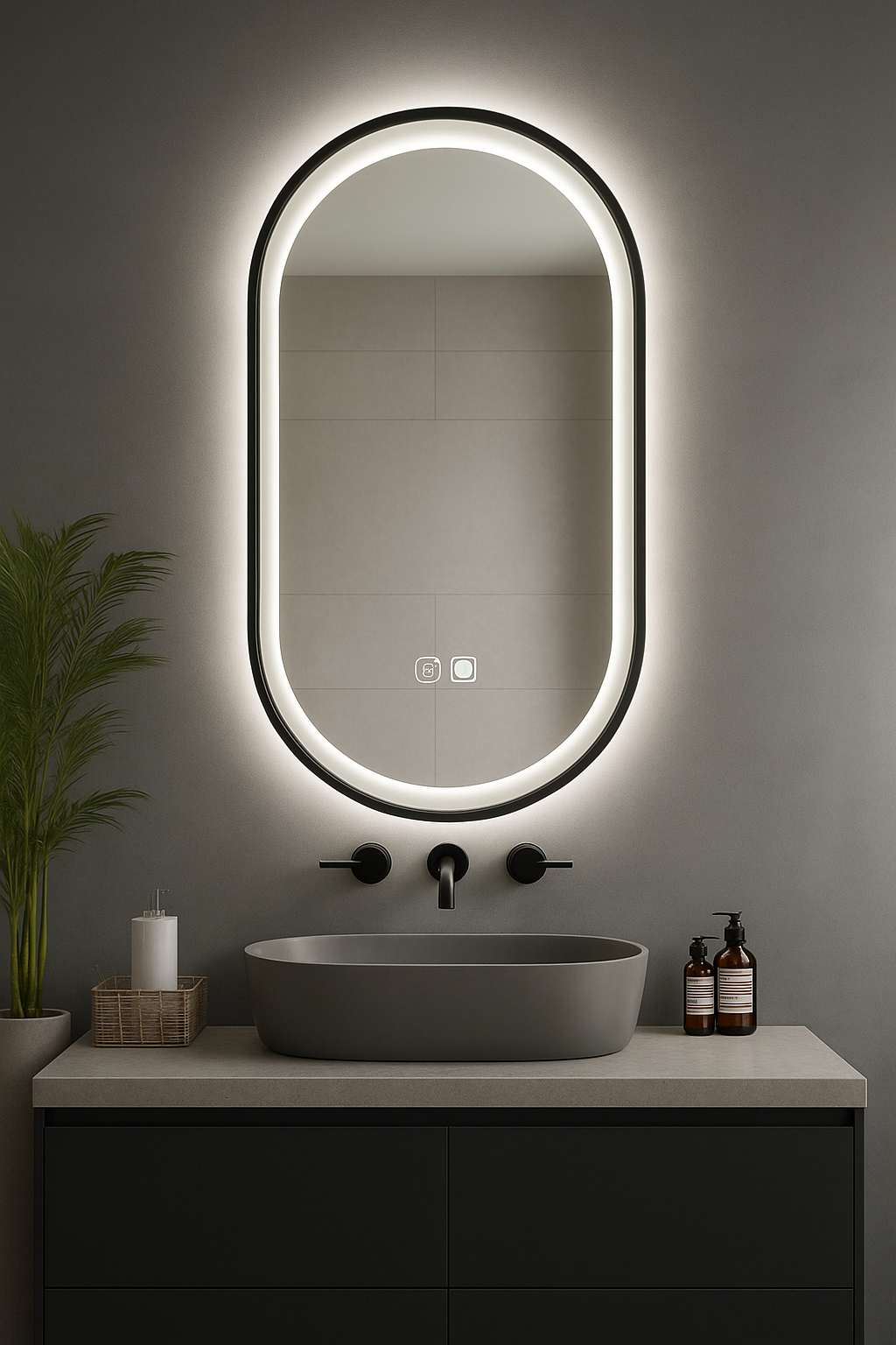 Bathroom vanity with a illuminated mirror, sink, and toiletries.