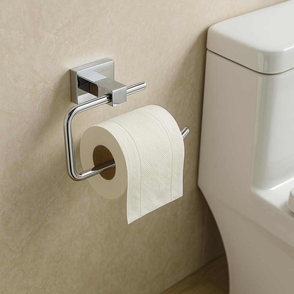 Chrome toilet paper holder mounted on a beige wall next to a white toilet.