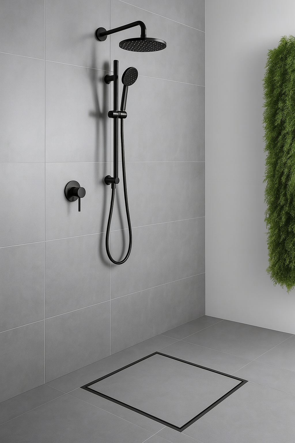 Black shower set mounted on a tiled wall with a plant in the corner.
