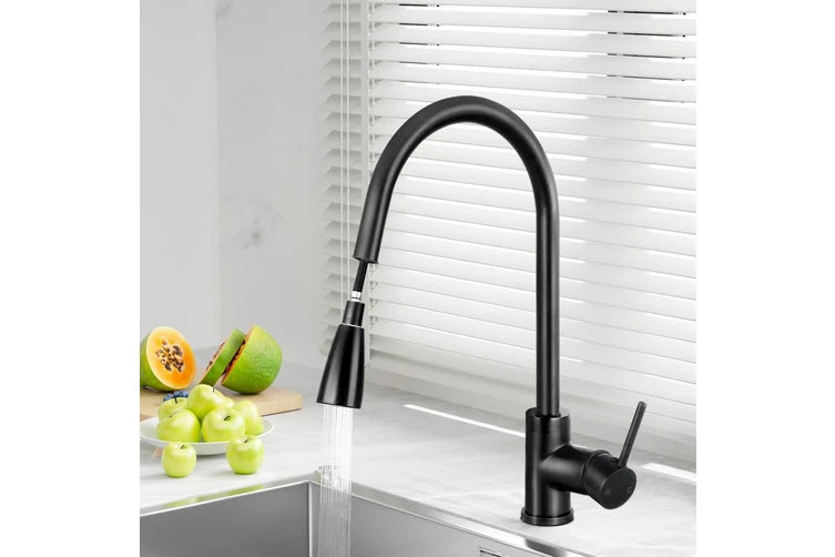 Black kitchen faucet on a white countertop