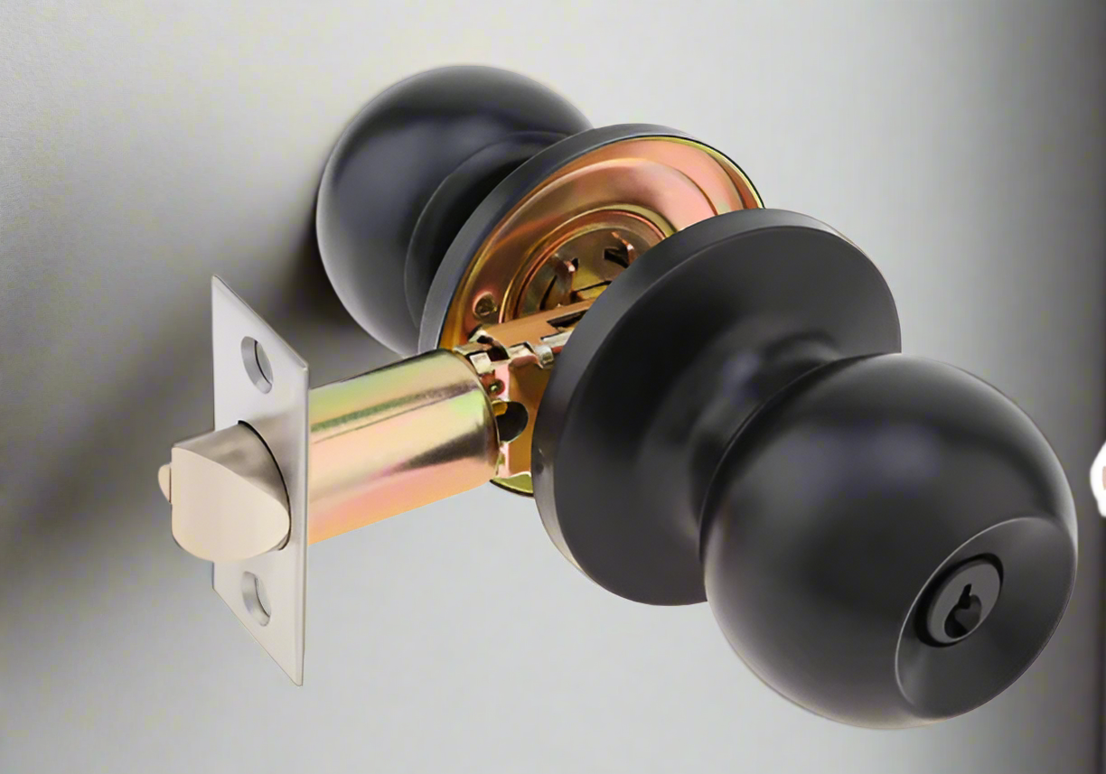 A set of door knobs, one with a keyhole, in a matte black finish.