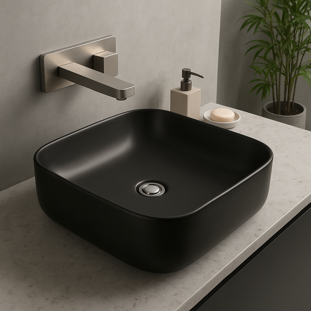 Square Above Counter Ceramic Basin – Matte Black Vanity Sink