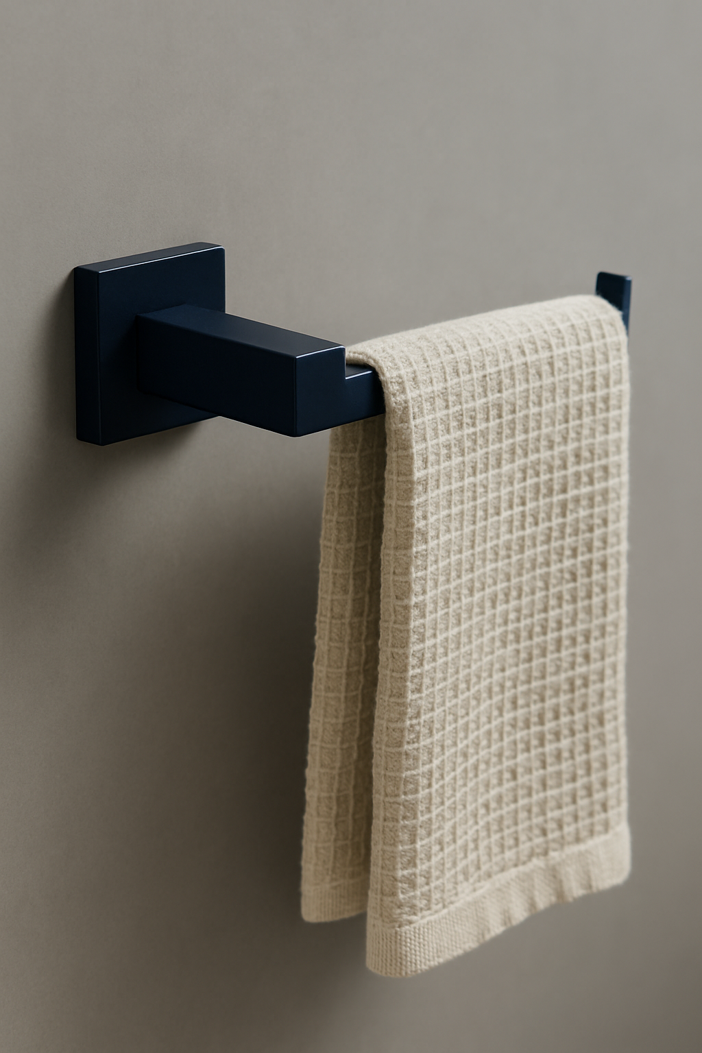 Black towel rack with a beige towel