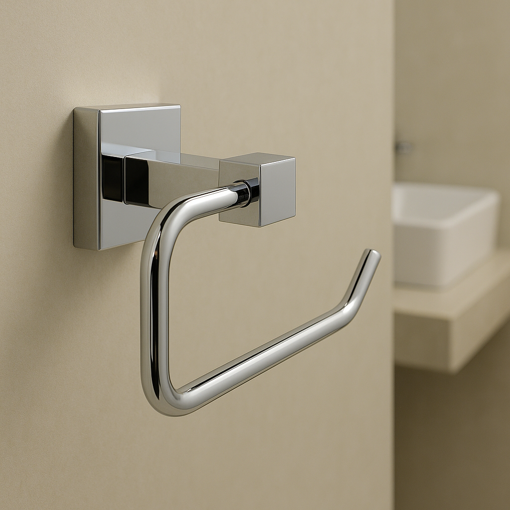 Chrome towel hook mounted on a beige wall with a blurred bathroom background