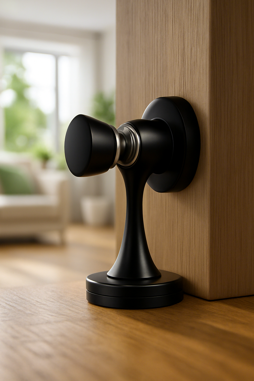 Black door handle on a wooden door with a blurred indoor background