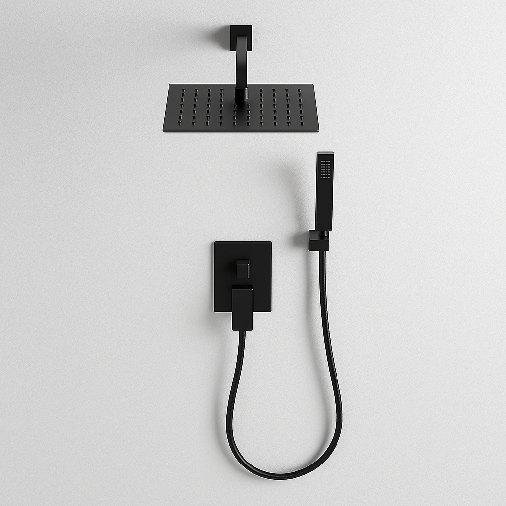 Black shower set with square shower head and handheld shower
