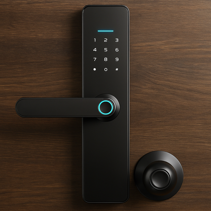 Digital door lock on a wooden door with a modern design.