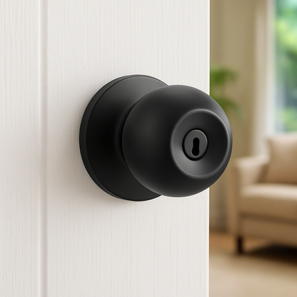 Black door handle on a white door with a blurred room in the background
