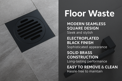 Black floor drain cover on a gray tiled floor with product features 
