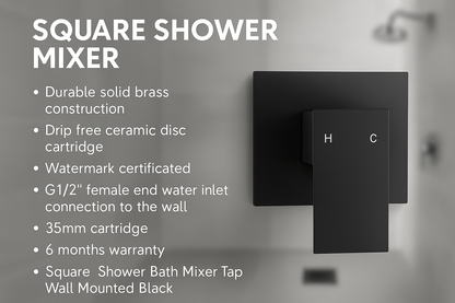 Black square shower mixer with product details 