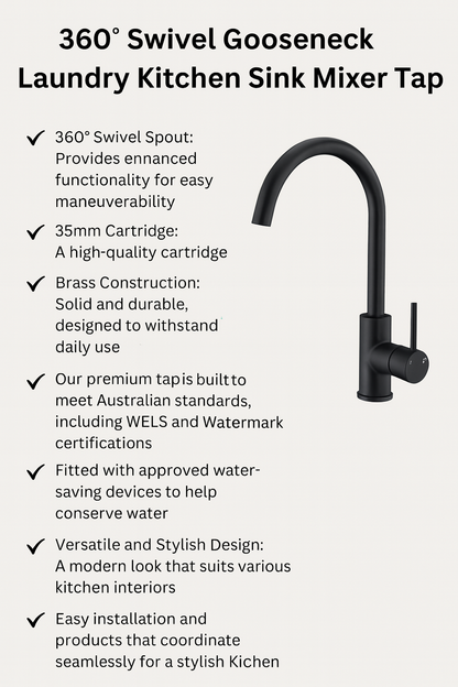 Black kitchen sink mixer tap with features listed 