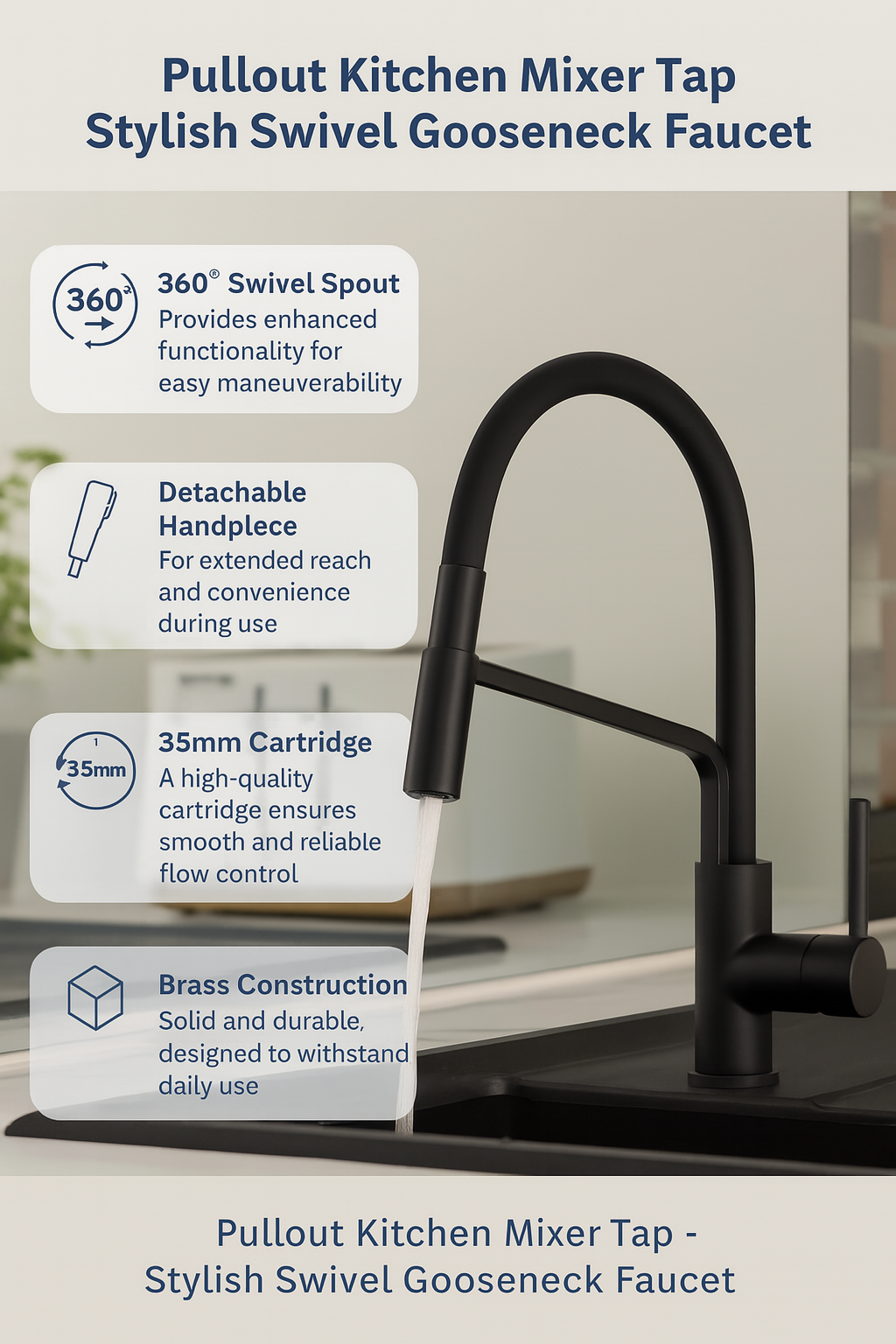 Black kitchen mixer tap with swivel gooseneck faucet and features.