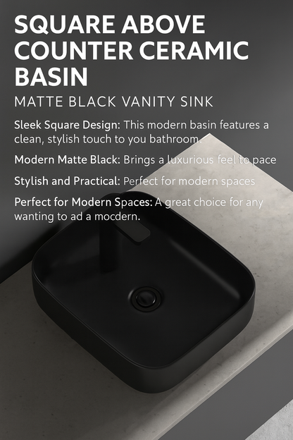 Square Above Counter Ceramic Basin – Matte Black Vanity Sink