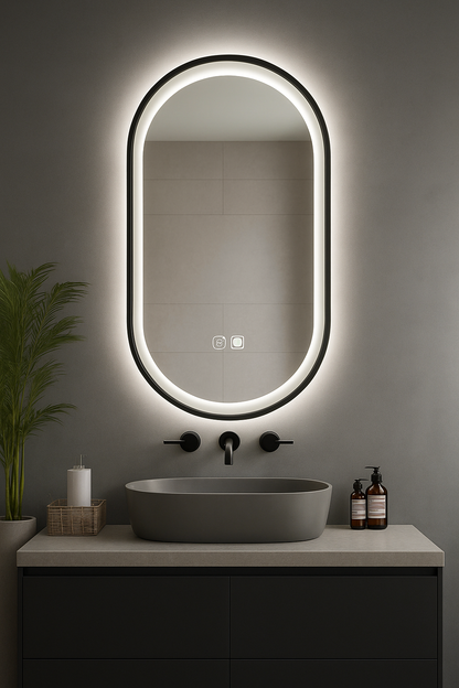 Bathroom vanity with a illuminated mirror, sink, and toiletries.