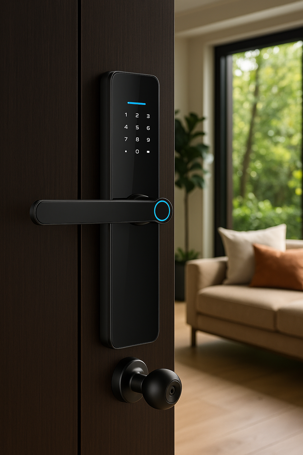 Smart door lock on a dark wooden door  