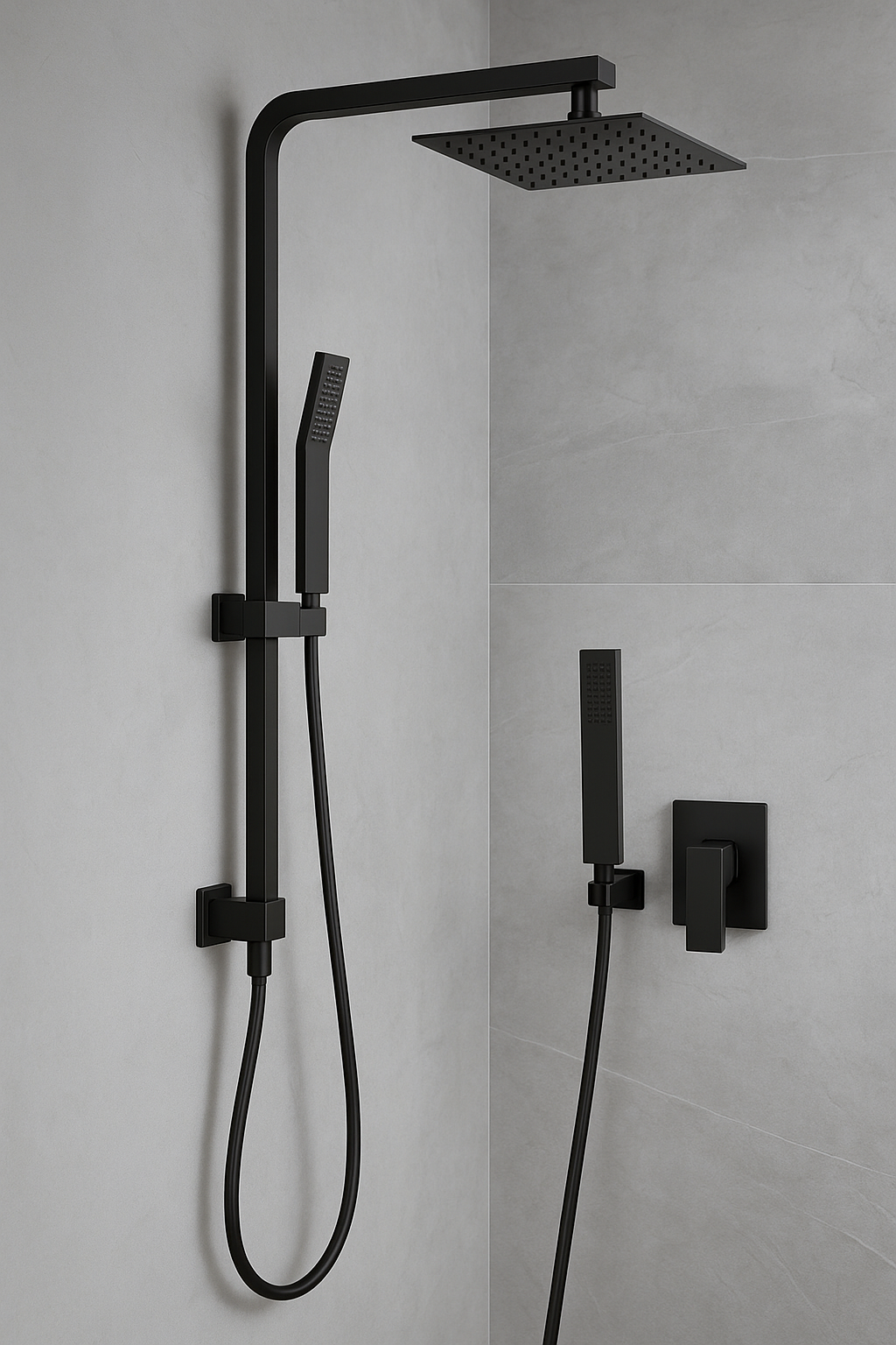 Black shower system with rain shower head and handheld shower.
