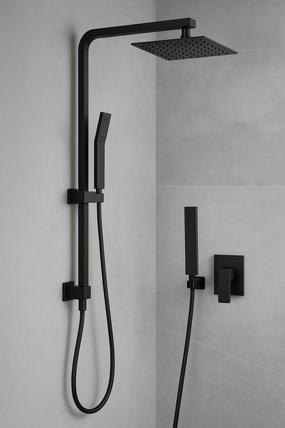 Black shower system with rain shower head and handheld shower.