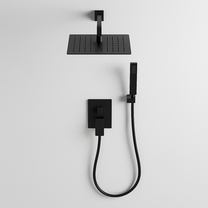 Black shower set with square shower head and handheld shower 